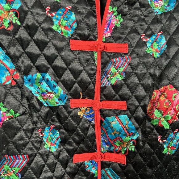 VTG Anne Carson 100% Silk Christmas Holiday Print Jacket Size M Toggle Closure - Picture 2 of 6